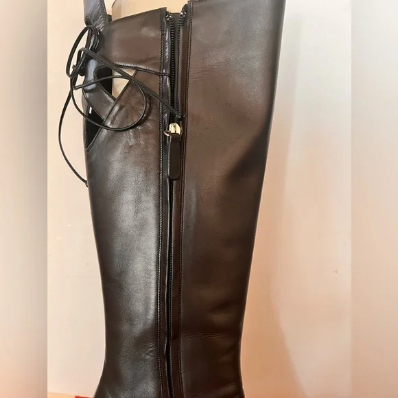 Valentino Gravani Leather Black Bow Italy tall Boots Italy Size 37.5 37 1/2 - Picture 2 of 13